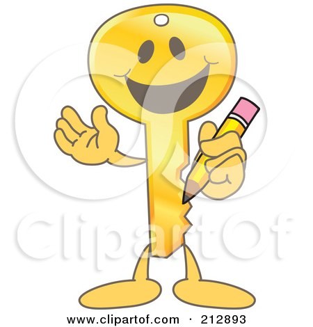 Royalty-Free (RF) Clipart Illustration of a Golden Key Mascot Character Holding A Pencil by Mascot Junction