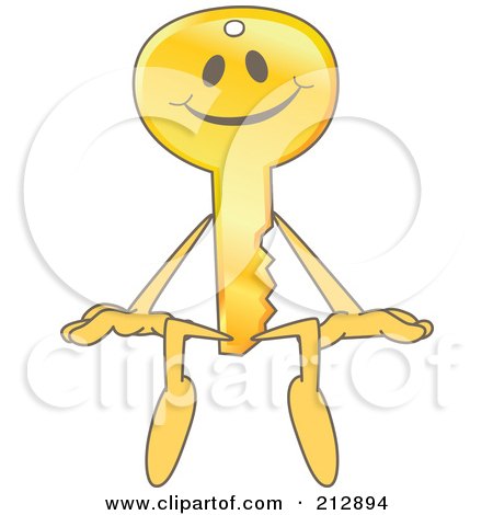 Royalty-Free (RF) Clipart Illustration of a Golden Key Mascot Character Sitting On A Ledge by Mascot Junction