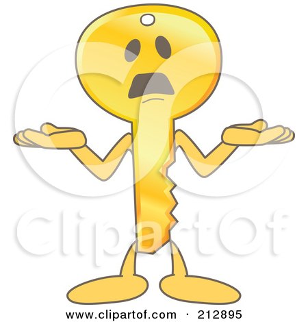 Royalty-Free (RF) Clipart Illustration of a Golden Key Mascot Character Shrugging by Mascot Junction