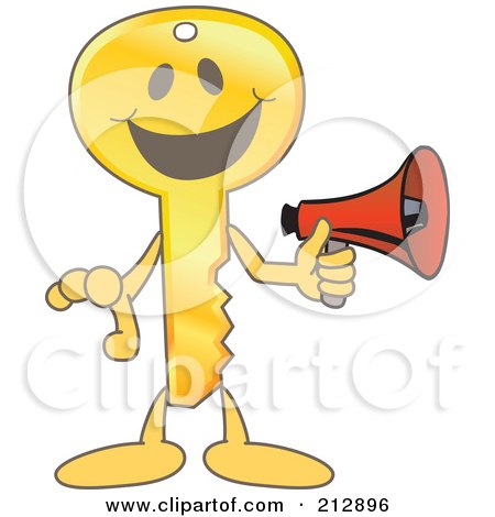 Royalty-Free (RF) Clipart Illustration of a Golden Key Mascot Character Holding A Megaphone by Mascot Junction