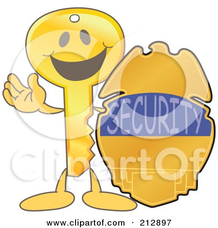 Royalty-Free (RF) Clipart Illustration of a Golden Key Mascot Character With A Security Badge by Mascot Junction