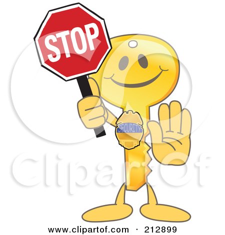 Royalty-Free (RF) Clipart Illustration of a Golden Key Mascot Character Holding A Stop Sign by Mascot Junction