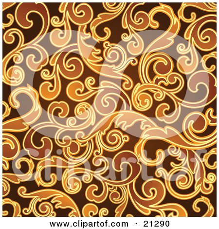 Clipart Illustration of a Curly Vine Scroll Backgtround In Brown And Orange Hues by OnFocusMedia