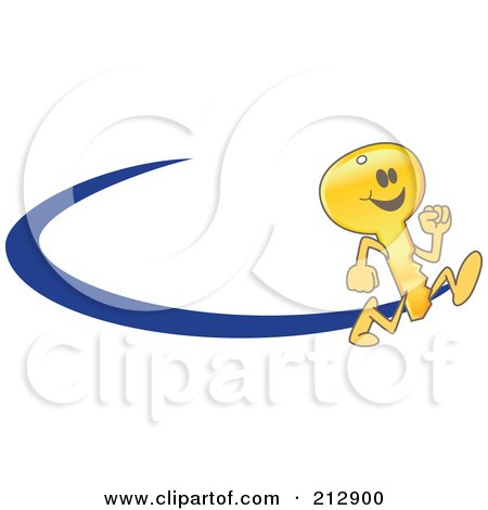 Royalty-Free (RF) Clipart Illustration of a Running Golden Key Mascot Character Logo With A Blue Dash by Mascot Junction