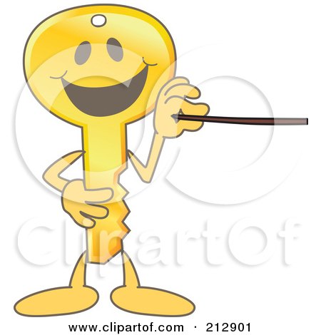Royalty-Free (RF) Clipart Illustration of a Golden Key Mascot Character Using A Pointer Stick by Mascot Junction
