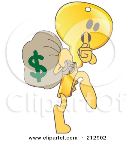 Royalty-Free (RF) Clipart Illustration of a Golden Key Mascot Character Robbing A Bank by Mascot Junction