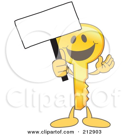 Royalty-Free (RF) Clipart Illustration of a Golden Key Mascot Character Holding Up A Blank Sign by Mascot Junction