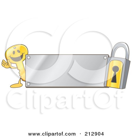 Royalty-Free (RF) Clipart Illustration of a Golden Key Mascot Character And Padlock With A Silver Plate by Mascot Junction