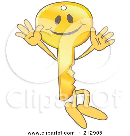 Royalty-Free (RF) Clipart Illustration of a Golden Key Mascot Character Jumping by Mascot Junction
