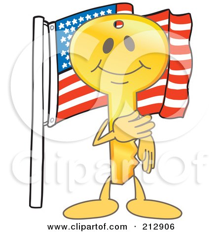 Royalty-Free (RF) Clipart Illustration of a Golden Key Mascot Character By An American Flag by Mascot Junction