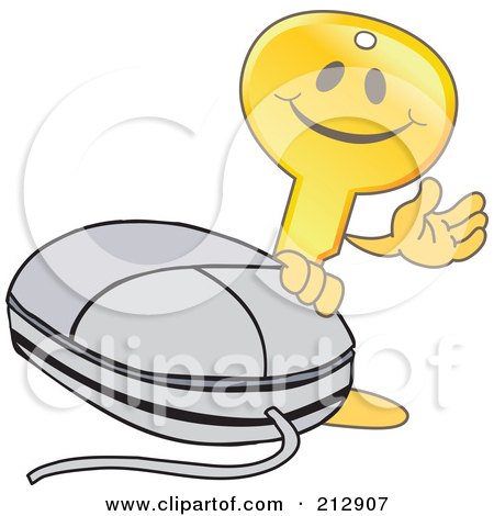 Royalty-Free (RF) Clipart Illustration of a Golden Key Mascot Character Waving By A Computer Mouse by Mascot Junction