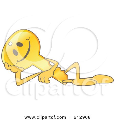 Royalty-Free (RF) Clipart Illustration of a Golden Key Mascot Character Reclined And Resting by Mascot Junction
