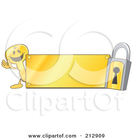 Royalty-Free (RF) Clipart Illustration of a Golden Key Mascot Character And Padlock With A Gold Plate by Mascot Junction
