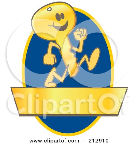 Royalty-Free (RF) Clipart Illustration of a Running Golden Key Mascot Character Logo Over A Blue Oval And Gold Banner by Mascot Junction