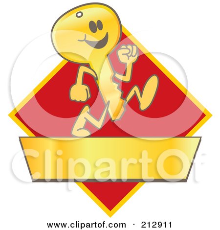 Royalty-Free (RF) Clipart Illustration of a Running Golden Key Mascot Character Logo Over A Red Diamond And Gold Banner by Mascot Junction