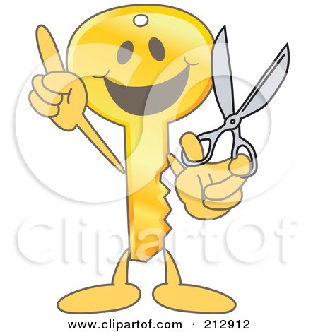 Royalty-Free (RF) Clipart Illustration of a Golden Key Mascot Character Holding Scissors by Mascot Junction