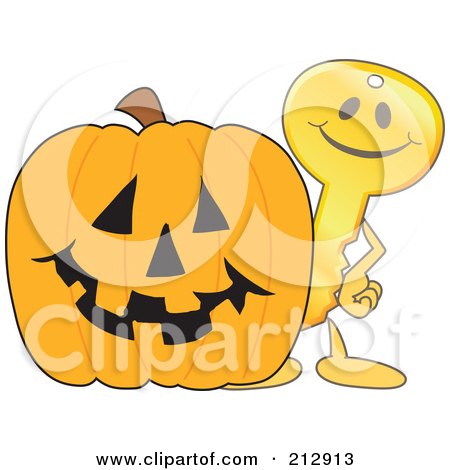 Royalty-Free (RF) Clipart Illustration of a Golden Key Mascot Character With A Halloween Pumpkin by Mascot Junction