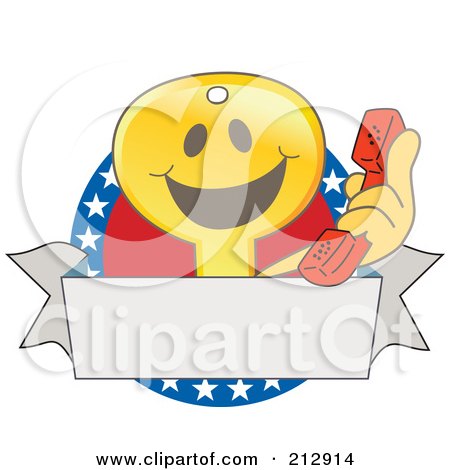 Royalty-Free (RF) Clipart Illustration of a Golden Key Mascot Character Logo With A Phone, Banner And American Stars by Mascot Junction