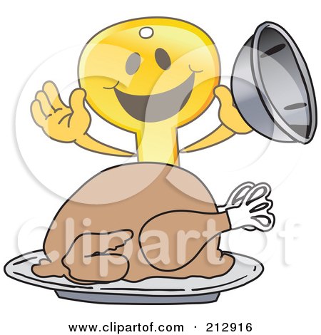 Royalty-Free (RF) Clipart Illustration of a Golden Key Mascot Character Serving A Thanksgiving Turkey by Mascot Junction