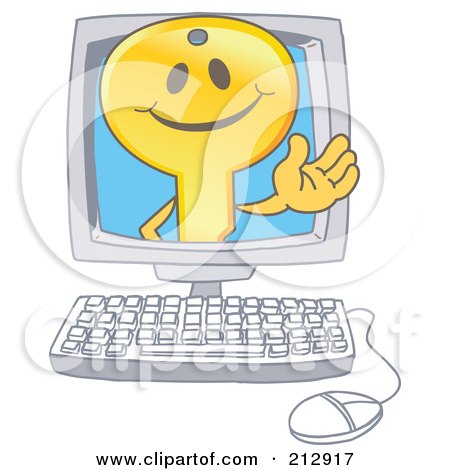 Royalty-Free (RF) Clipart Illustration of a Golden Key Mascot Character Waving In A Computer Screen by Mascot Junction