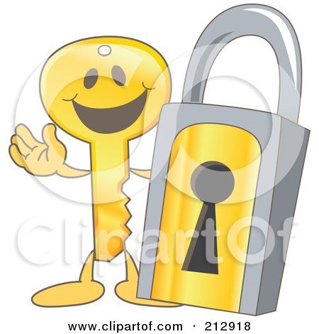 Royalty-Free (RF) Clipart Illustration of a Golden Key Mascot Character By A Padlock by Mascot Junction