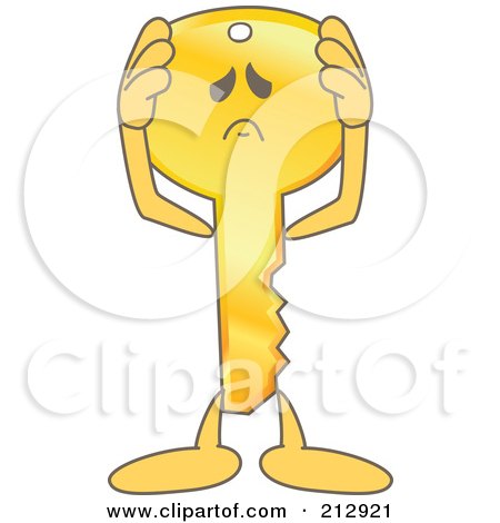 Royalty-Free (RF) Clipart Illustration of a Golden Key Mascot Character Holding His Head by Mascot Junction