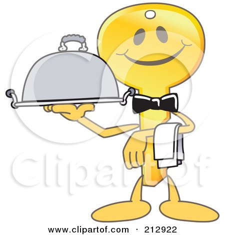 Royalty-Free (RF) Clipart Illustration of a Golden Key Mascot Character Serving A Platter by Mascot Junction