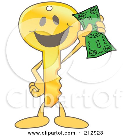 Royalty-Free (RF) Clipart Illustration of a Golden Key Mascot Character Holding Up A Dollar Bill by Mascot Junction