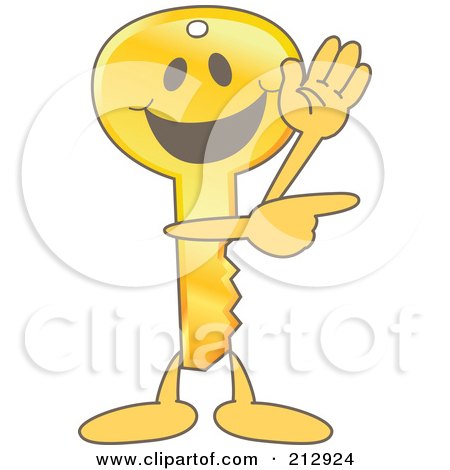 Royalty-Free (RF) Clipart Illustration of a Golden Key Mascot Character Waving And Pointing by Mascot Junction