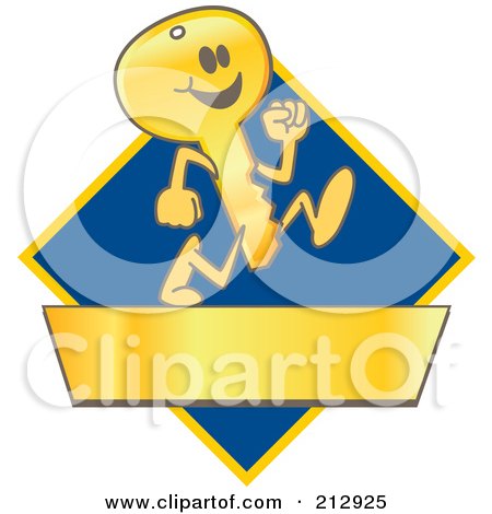 Royalty-Free (RF) Clipart Illustration of a Running Golden Key Mascot Character Logo Over A Blue Diamond And Gold Banner by Mascot Junction
