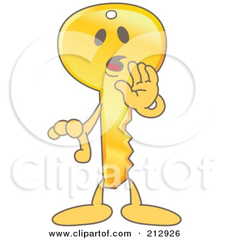 Royalty-Free (RF) Clipart Illustration of a Golden Key Mascot Character Whispering by Mascot Junction