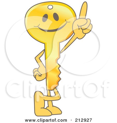 Royalty-Free (RF) Clipart Illustration of a Golden Key Mascot Character Pointing Upwards by Mascot Junction