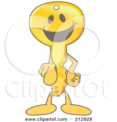 Royalty-Free (RF) Clipart Illustration of a Golden Key Mascot Character Pointing Outwards by Mascot Junction