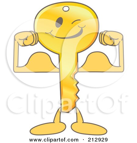 Royalty-Free (RF) Clipart Illustration of a Golden Key Mascot Character Flexing by Mascot Junction