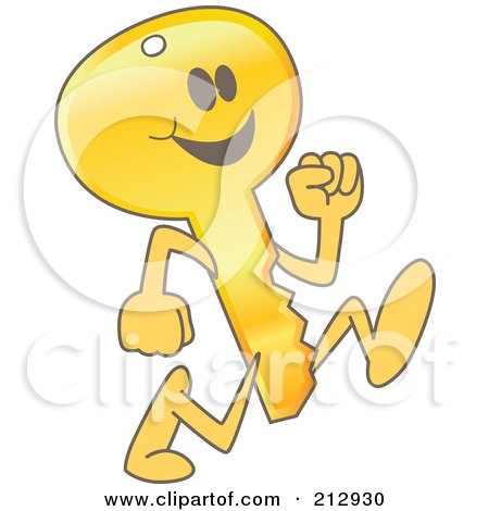 Royalty-Free (RF) Clipart Illustration of a Golden Key Mascot Character Running by Mascot Junction