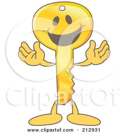Royalty-Free (RF) Clipart Illustration of a Golden Key Mascot Character Smiling by Mascot Junction