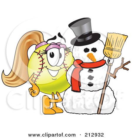 Royalty-Free (RF) Clipart Illustration of a Girly Softball Mascot Character By A Snowman by Mascot Junction