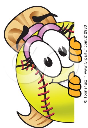 Royalty-Free (RF) Clipart Illustration of a Girly Softball Mascot Character Looking Around A Blank Sign by Mascot Junction