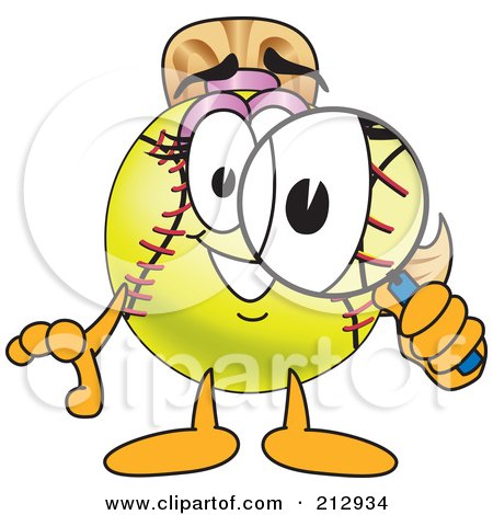 Royalty-Free (RF) Clipart Illustration of a Girly Softball Mascot Character Using A Magnifying Glass by Mascot Junction