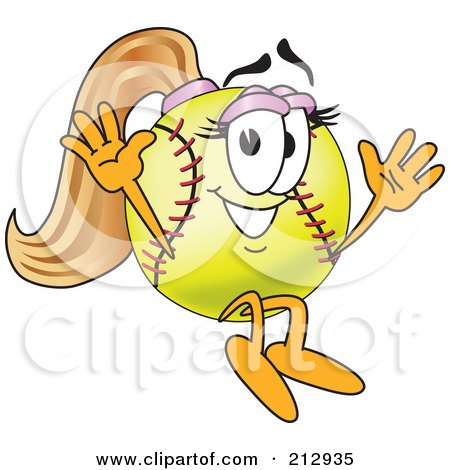 Royalty-Free (RF) Clipart Illustration of a Girly Softball Mascot Character Jumping by Mascot Junction