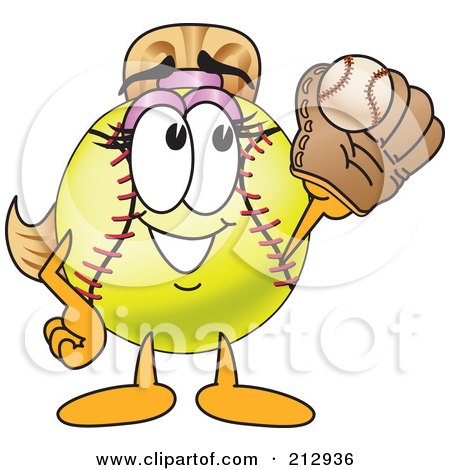 Royalty-Free (RF) Clipart Illustration of a Girly Softball Mascot Character Catching A Ball In A Mitt by Mascot Junction