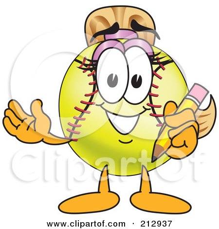 Royalty-Free (RF) Clipart Illustration of a Girly Softball Mascot Character Holding A Pencil by Mascot Junction