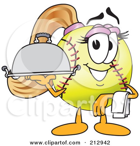 Royalty-Free (RF) Clipart Illustration of a Girly Softball Mascot Character Serving A Platter by Mascot Junction