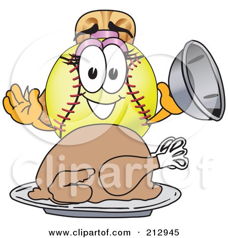 Royalty-Free (RF) Clipart Illustration of a Girly Softball Mascot Character Serving A Thanksgiving Turkey by Mascot Junction