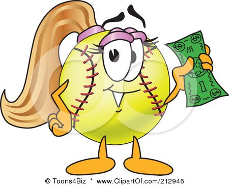 Royalty-Free (RF) Clipart Illustration of a Girly Softball Mascot Character Holding Money by Mascot Junction