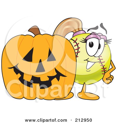 Royalty-Free (RF) Clipart Illustration of a Girly Softball Mascot Character By A Halloween Pumpkin by Mascot Junction