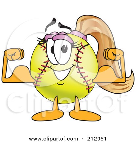 Royalty-Free (RF) Clipart Illustration of a Girly Softball Mascot Character Flexing Her Muscles by Mascot Junction