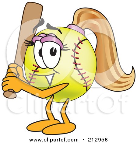 Royalty-Free (RF) Clipart Illustration of a Girly Softball Mascot Character Holding A Bat by Mascot Junction
