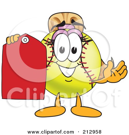 Royalty-Free (RF) Clipart Illustration of a Girly Softball Mascot Character Holding A Blank Tag by Mascot Junction
