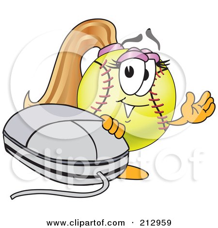 Royalty-Free (RF) Clipart Illustration of a Girly Softball Mascot Character Waving By A Computer Mouse by Mascot Junction